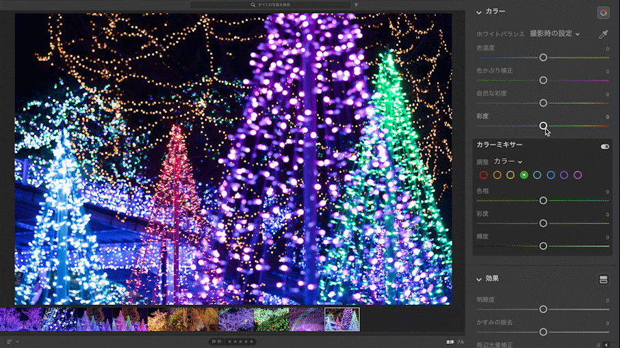 コントラストと彩度の調整でイルミネーション写真を華やかに
