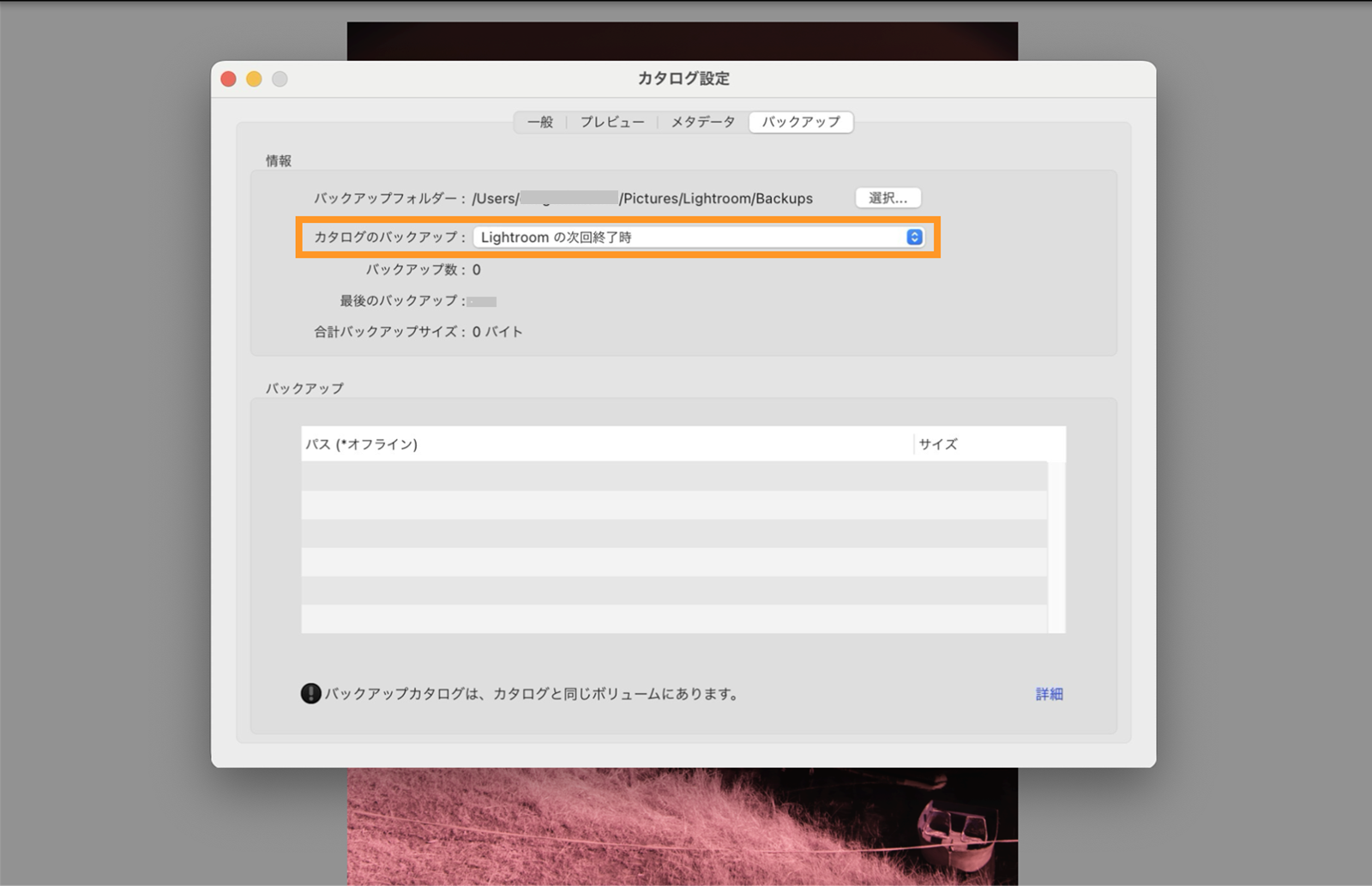 カタログのバックアップ/Lightroom の次回終了時を選択します。 次回に Lightroom を終了するときにカタログがバックアップされます。