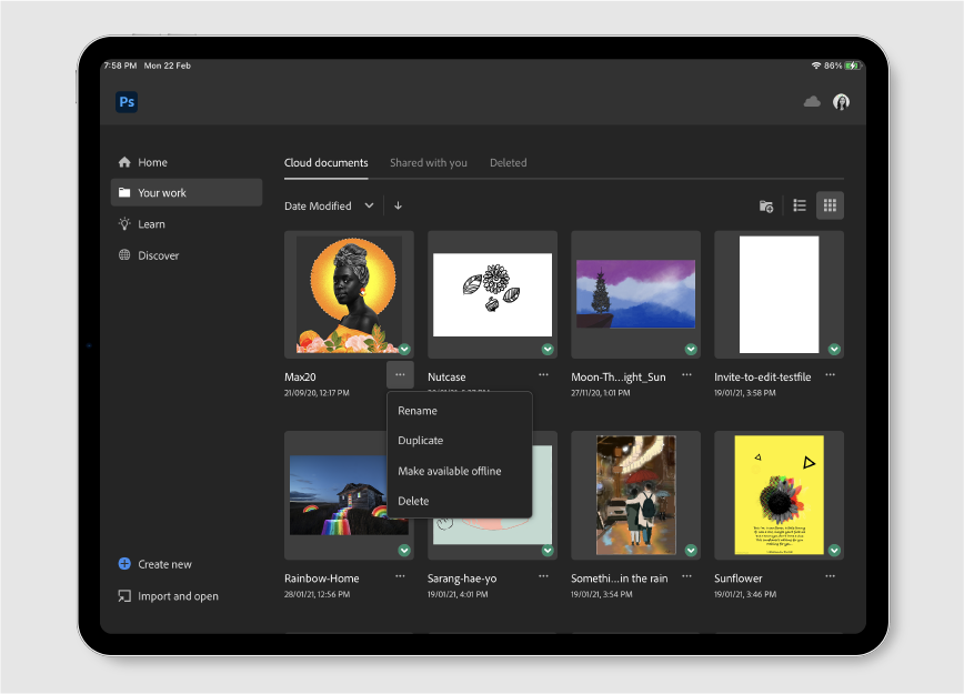 Photoshop でクラウドドキュメントを操作する方法について説明します