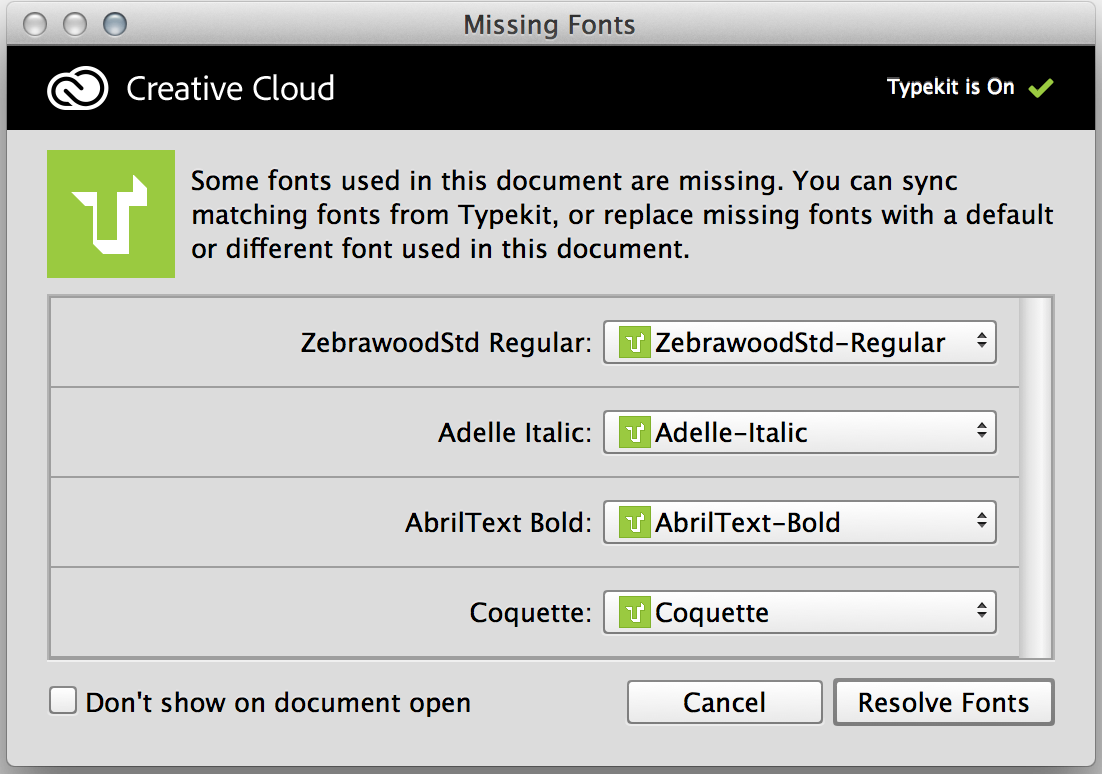 見つからないフォントを Typekit フォントで置き換え Photoshop 見つからないフォントを Typekit フォントで置き換え