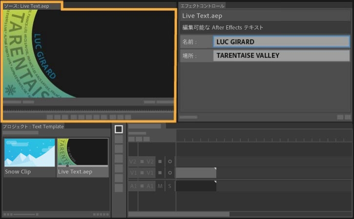 ソースモニターでテキストをプレビューしている