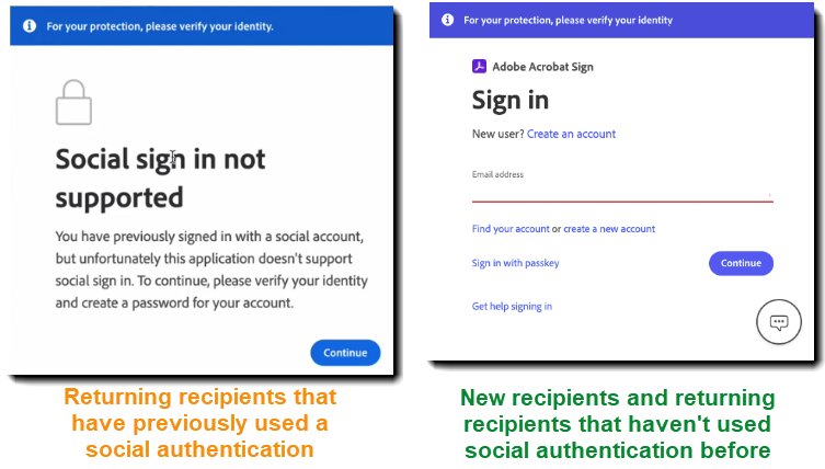 Acrobat Sign 認証を使用して認証する際の受信者メッセージ。