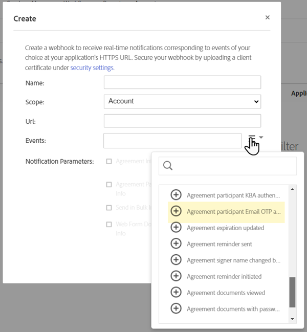 Webhook 作成パネルを開いて電子メール OTP イベントを強調表示