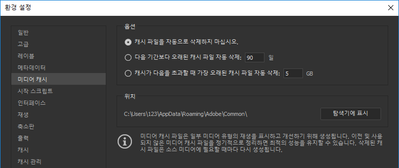 미디어 캐시 환경 설정