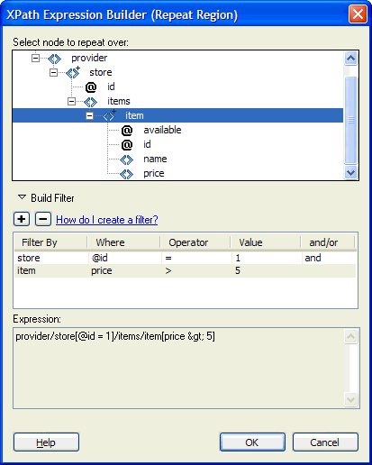 결과 집합을 store의 @id 속성이 1이고 item의 price 노드가 5보다 큰 item 노드로 제한합니다.
