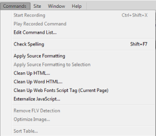 Dreamweaver CC의 명령 메뉴 옵션