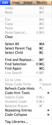 Dreamweaver CC의 편집 메뉴(Mac)
