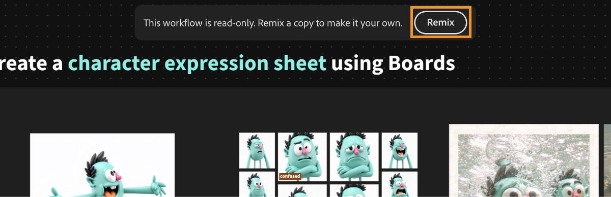 보드 화면에 워크플로가 읽기 전용임을 나타내는 배너가 표시되고, 편집을 위한 리믹스 옵션이 강조 표시됩니다.