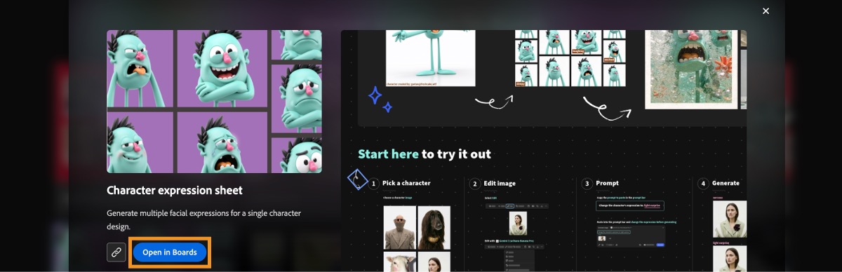 보드 화면에 캐릭터 표현 시트 워크플로의 미리보기가 표시되고 보드에서 열기 옵션이 강조 표시됩니다.