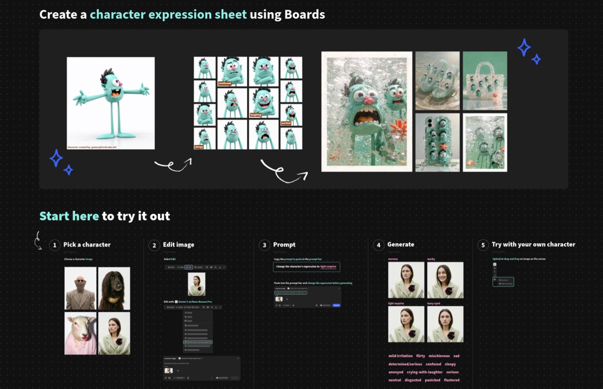 캐릭터 표현 시트 워크플로는 새로운 캐릭터 표현 생성을 안내하는 5단계를 표시합니다.
