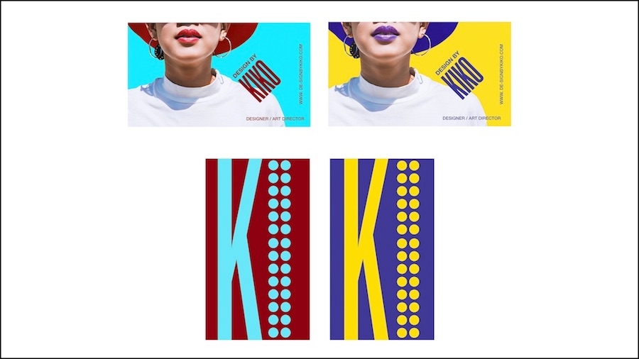 명함에 있는 모자 쓴 여성의 원본 버전과 보라색-노란색 버전 