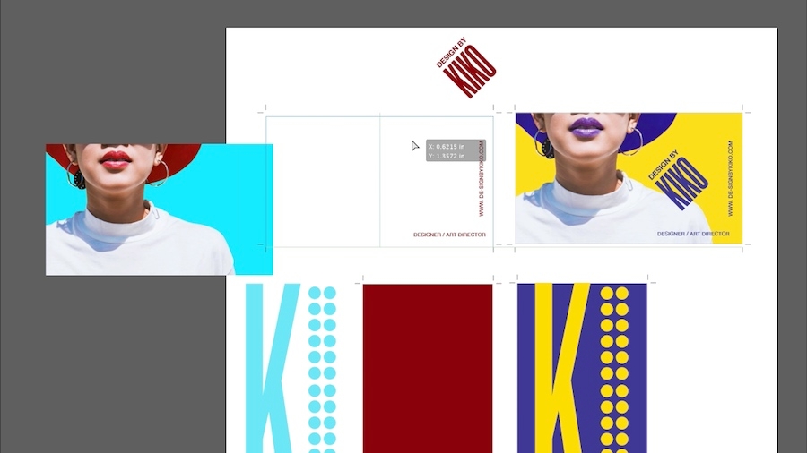 보라색 모자와 립스틱, 노란색 배경, 명함에 적힌 Design by Kiko 