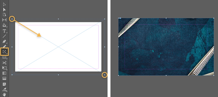 도련 안내선 가장자리까지 그려진 사각형 프레임과 배치된 이미지
