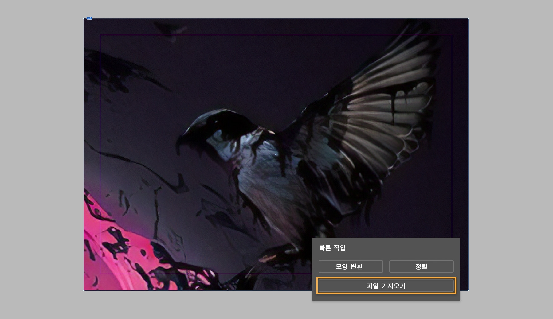 프레임 선택, 새 이미지 가져오기, 검정 배경과 분홍색 왼쪽 하단