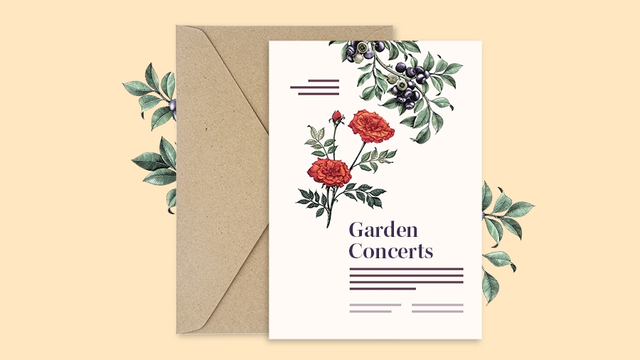 제목 "Garden Concerts"와 식물 그래픽이 있는 인쇄 초대장 예