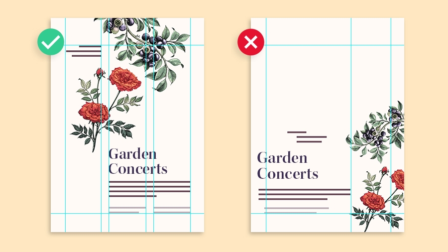 레이아웃에서 균형 및 정렬의 좋은 예와 나쁜 예 비교