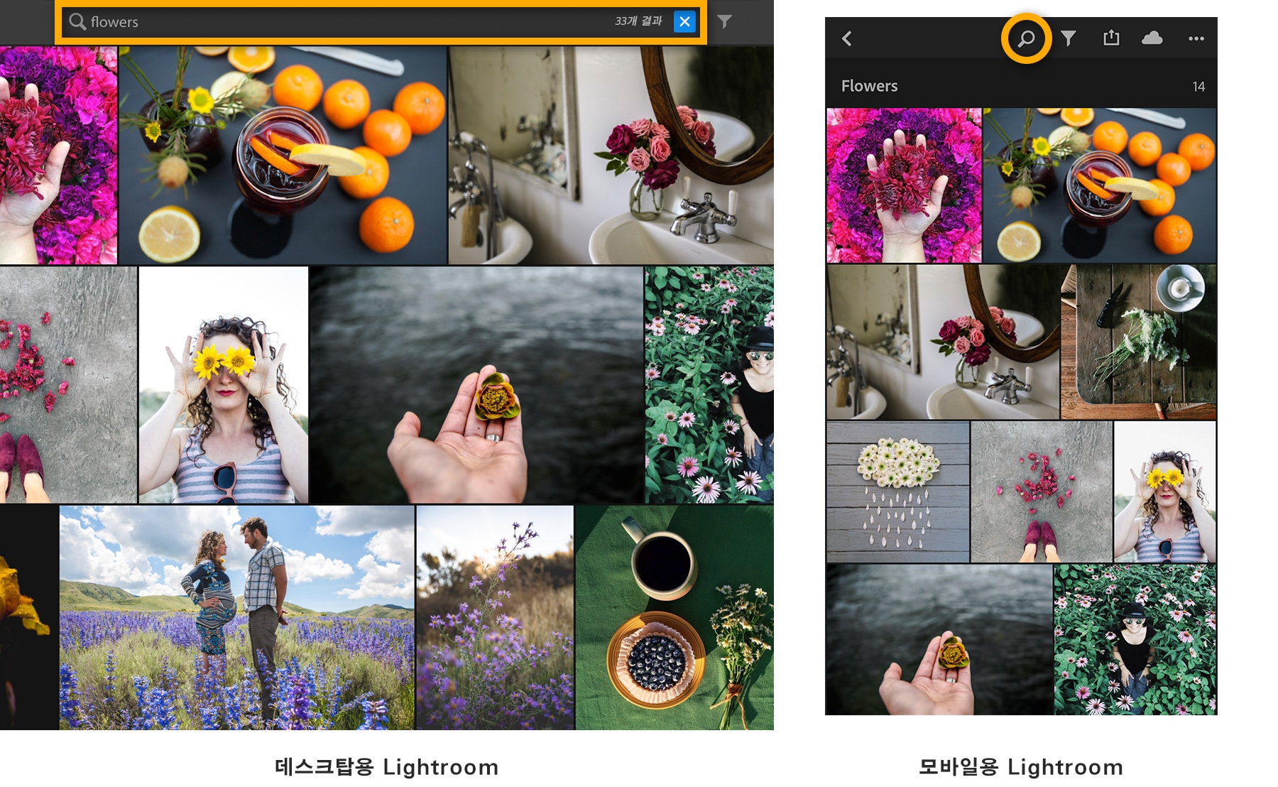 자동으로 사진에 키워드 추가, flowers 검색 후 33개 결과 표시