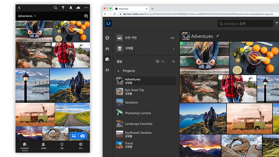모바일 앱 앨범 사진(좌), 동일한 사진의 웹 버전 앨범 사진(우)