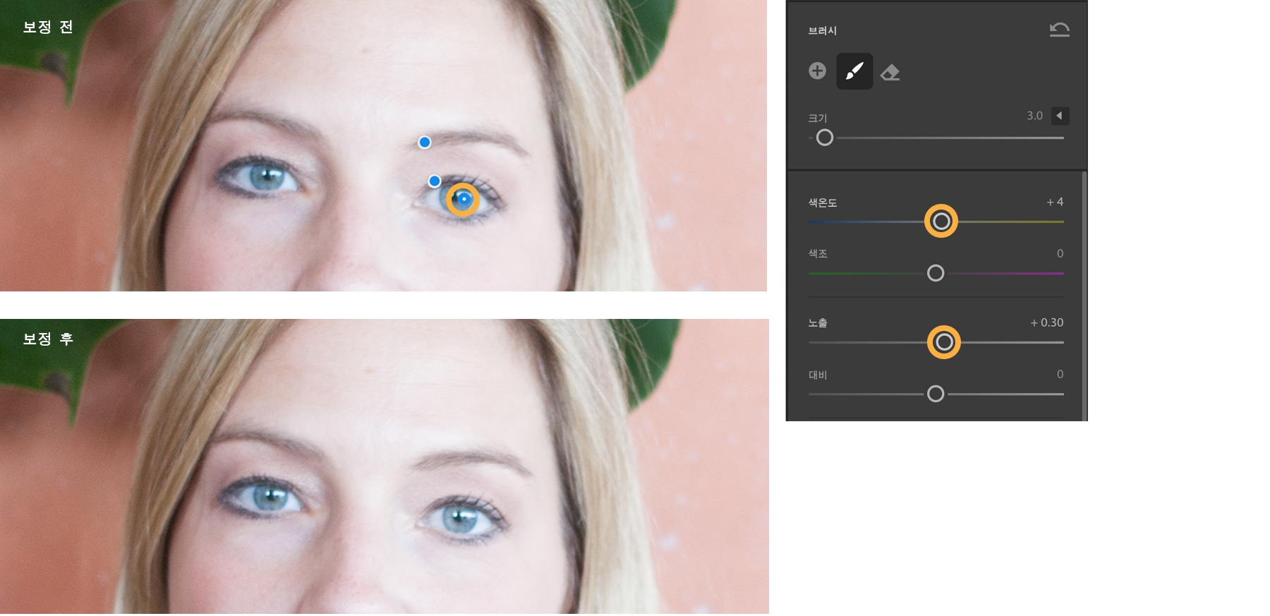 홍채를 밝게 하는 보정 전후의 이미지