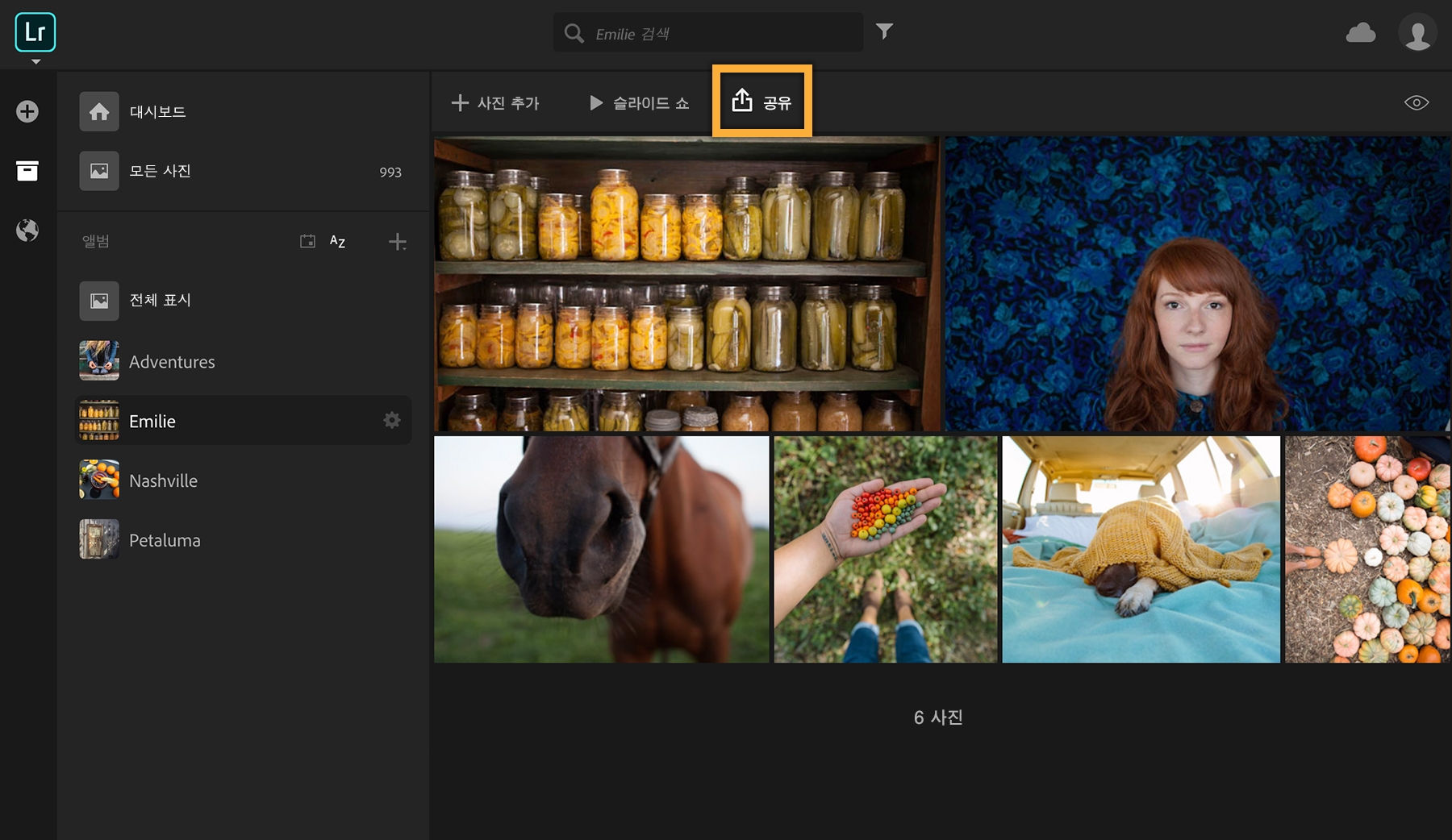 상단에 있는 공유 버튼을 클릭해 웹 갤러리 만들기
