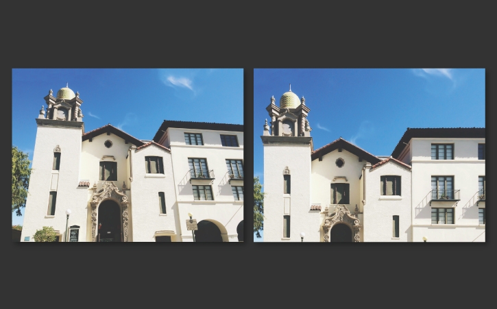 낮은 각도로 촬영해 왜곡된 집과 원근 교정으로 자연스러워진 집