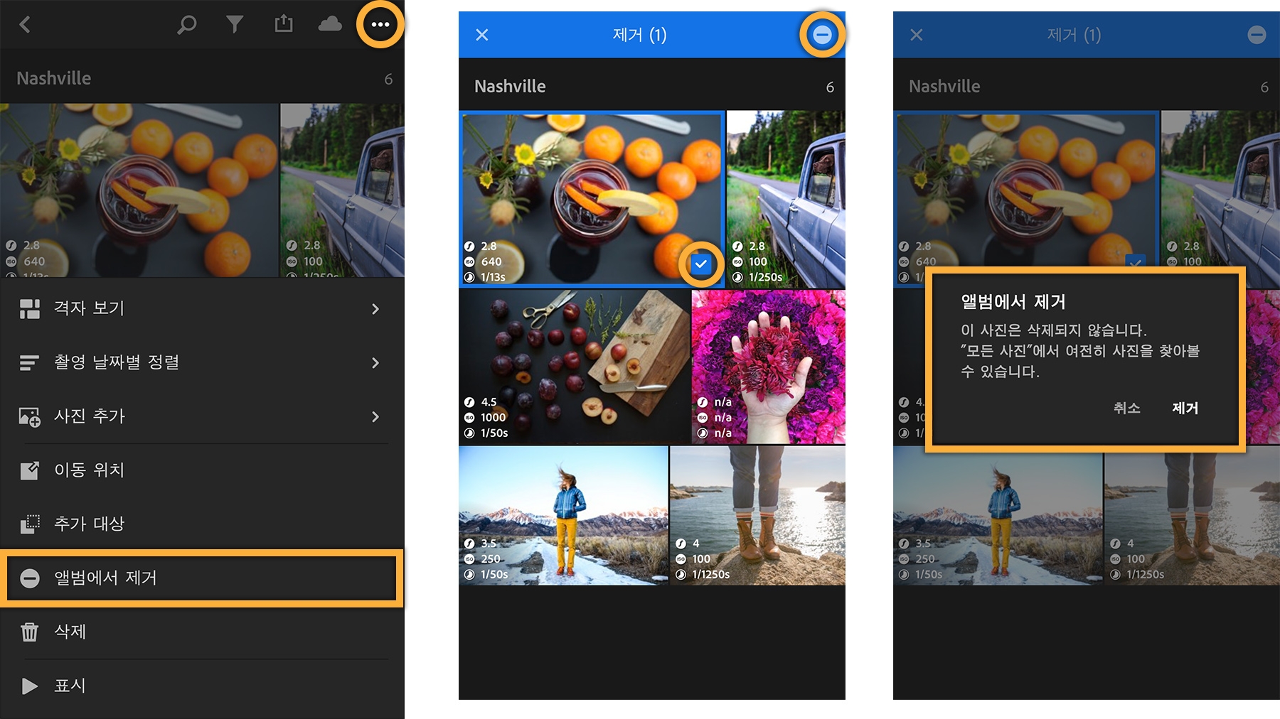 세 개 점을 누른 후 앨범에서 제거 선택