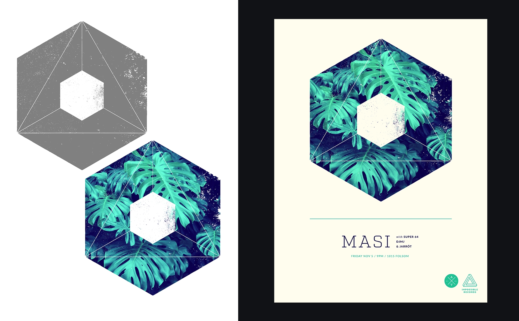회색 육각형 아래 잎이 있는 육각형, 포스터 속 잎이 있는 육각형