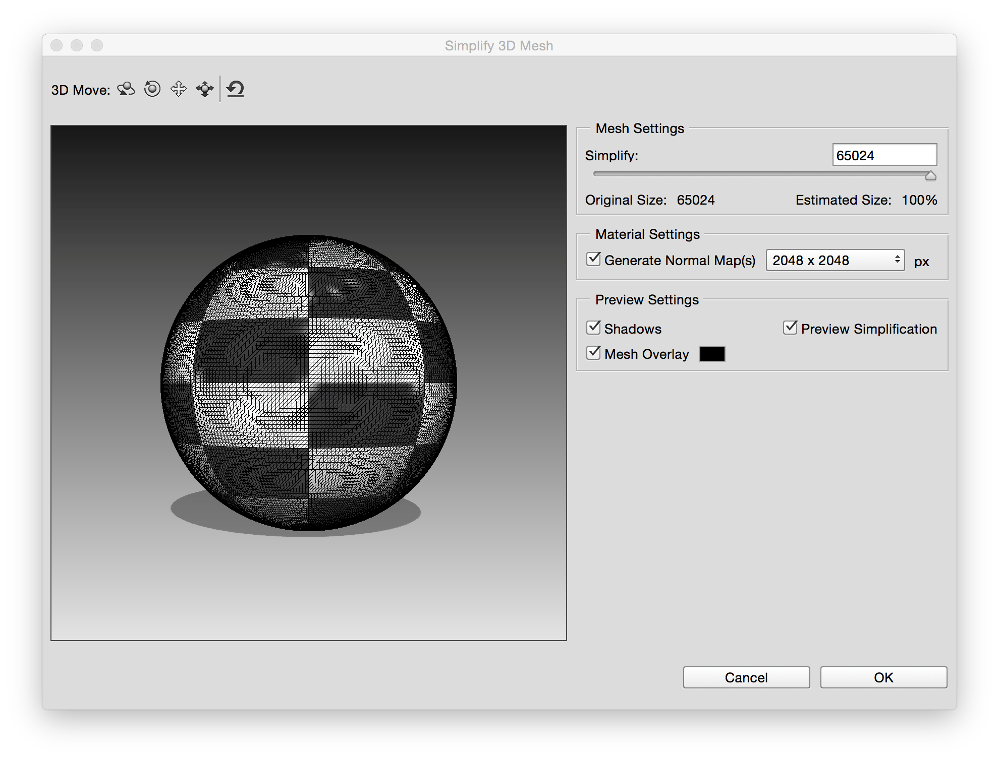 Photoshop 3D 메시 간소화 대화 상자의 설정