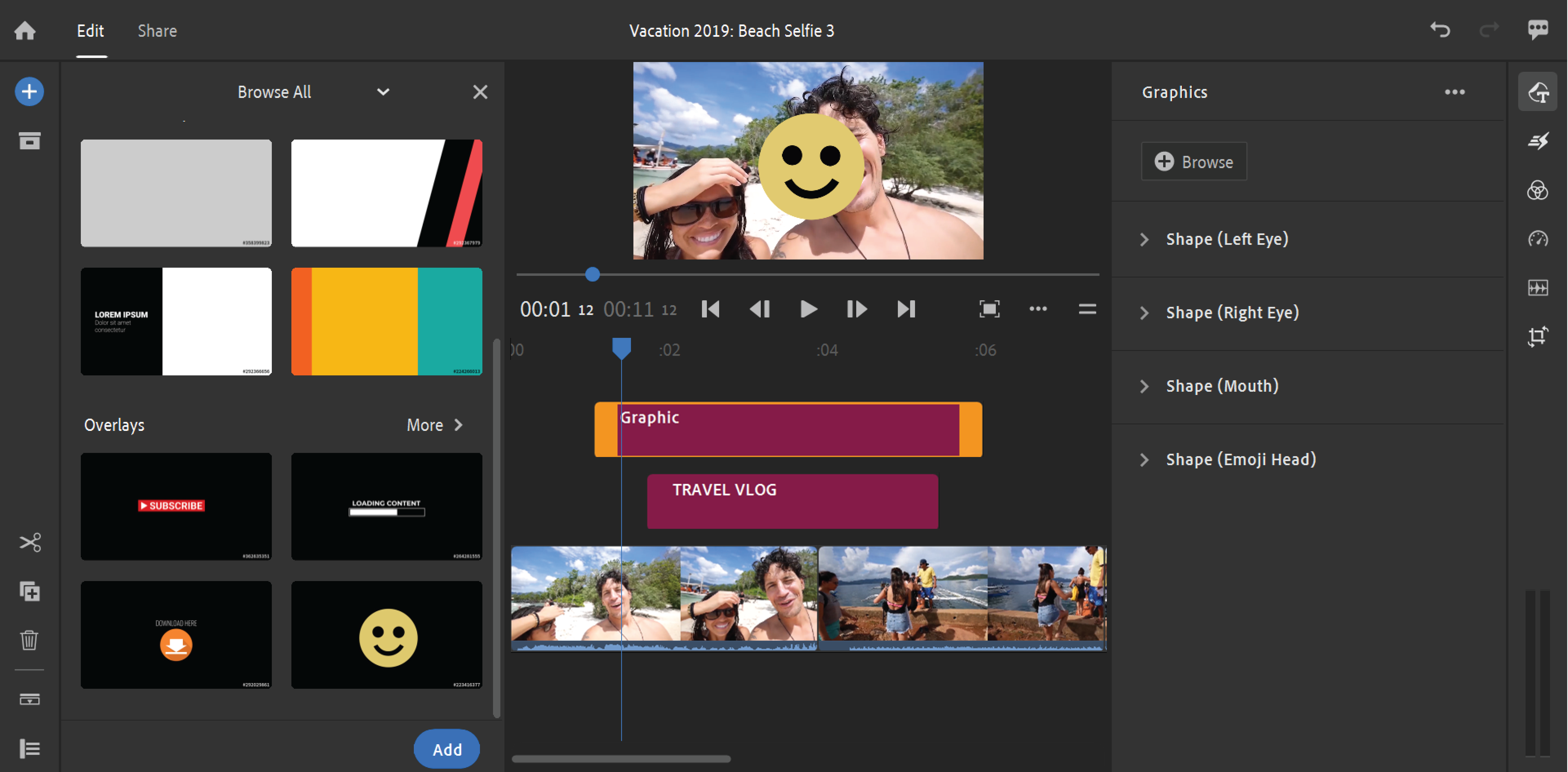 Premiere Rush에서 제목 및 전환 그래픽 추가