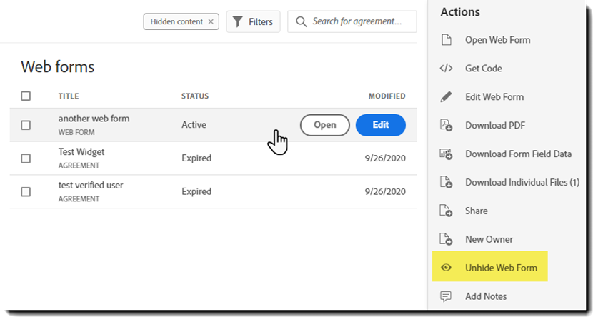 숨김 해제를 클릭합니다.