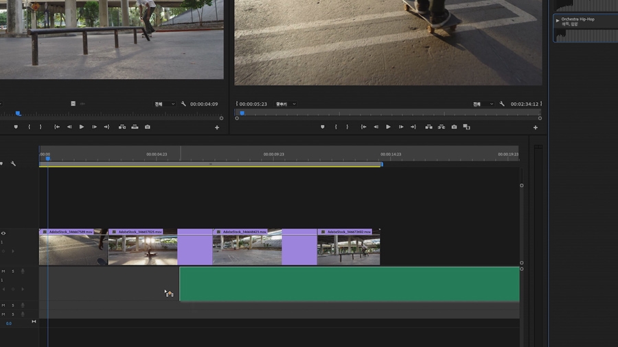 타임라인에서 오디오 트랙에 새로운 음악 큐가 놓임