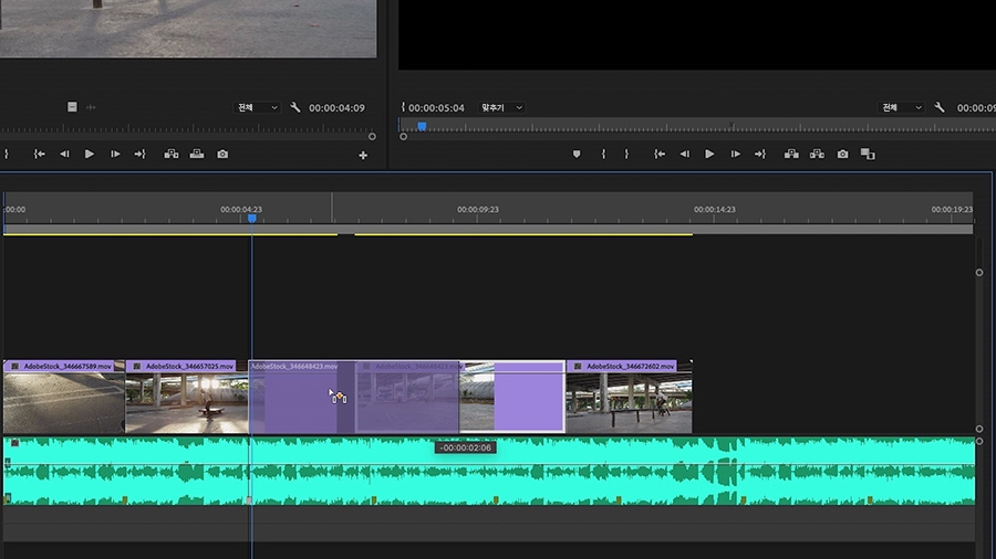 Stock 오디오 트랙에 표시된 마커 속도에 맞게 비디오 트랙이 잘림