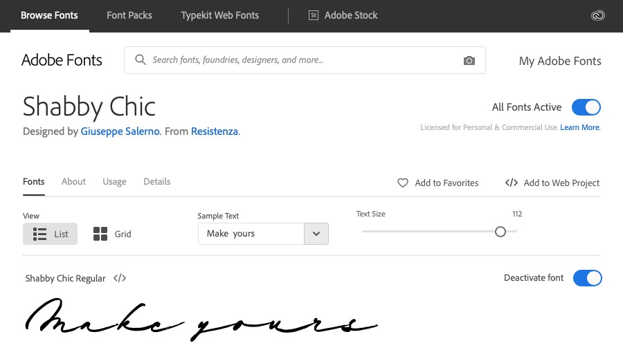Adobe Fonts 웹 사이트에 손글씨체 Shabby Chic 글꼴이 표시됨