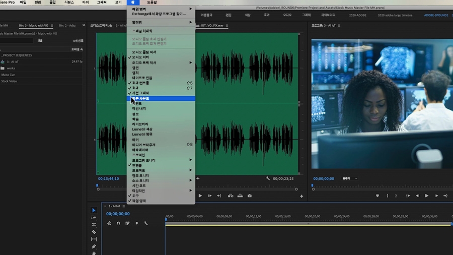 창 > 작업 영역 > 오디오가 선택됨, 컴퓨터 작업하는 여성 영상