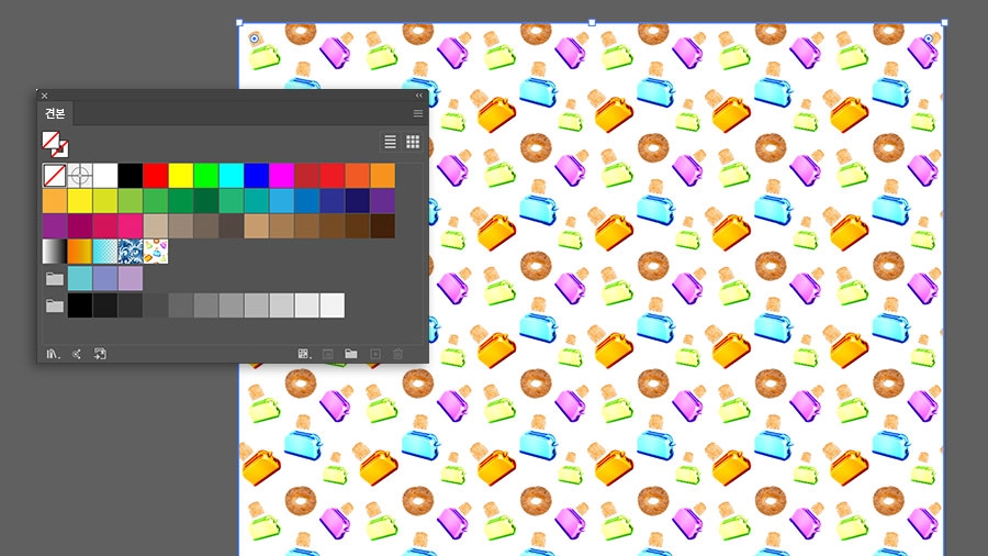 견본 패널에 새 패턴 견본이 표시됨, 대지에 사각형이 채워짐