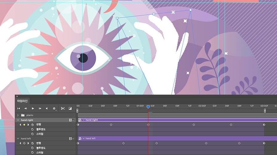 타임라인에 왼손 및 오른손 고급 개체와 변형 속성 표시