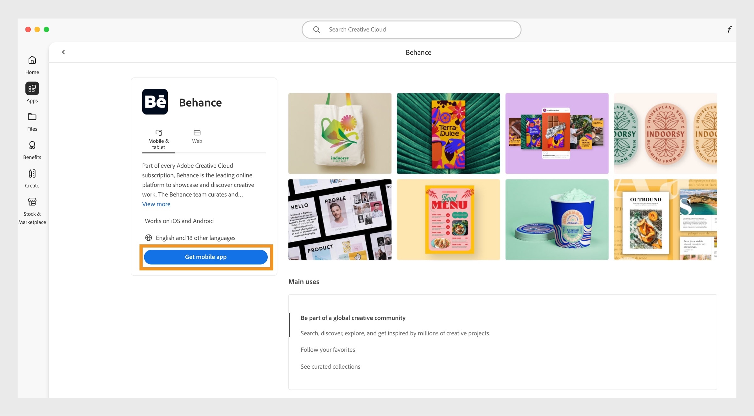Spustelėję mygtuką „Gauti mobiliąją programą“, esantį „Behance Mobile“ ekrane, galite gauti „Behance“ atsisiuntimo nuorodą į mobilųjį įrenginį. 