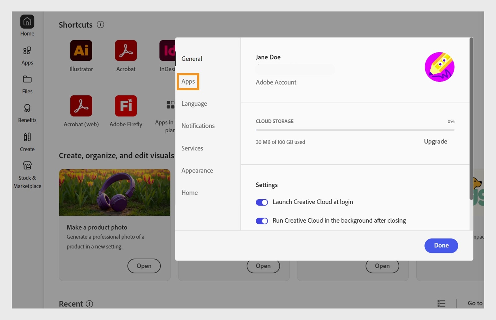 „Adobe Creative Cloud" nuostatų sritis atidaryta skirtuke „Programos", rodanti automatinio naujinimo, diegimo vietos ir pralaidumo naudojimo parinktis.