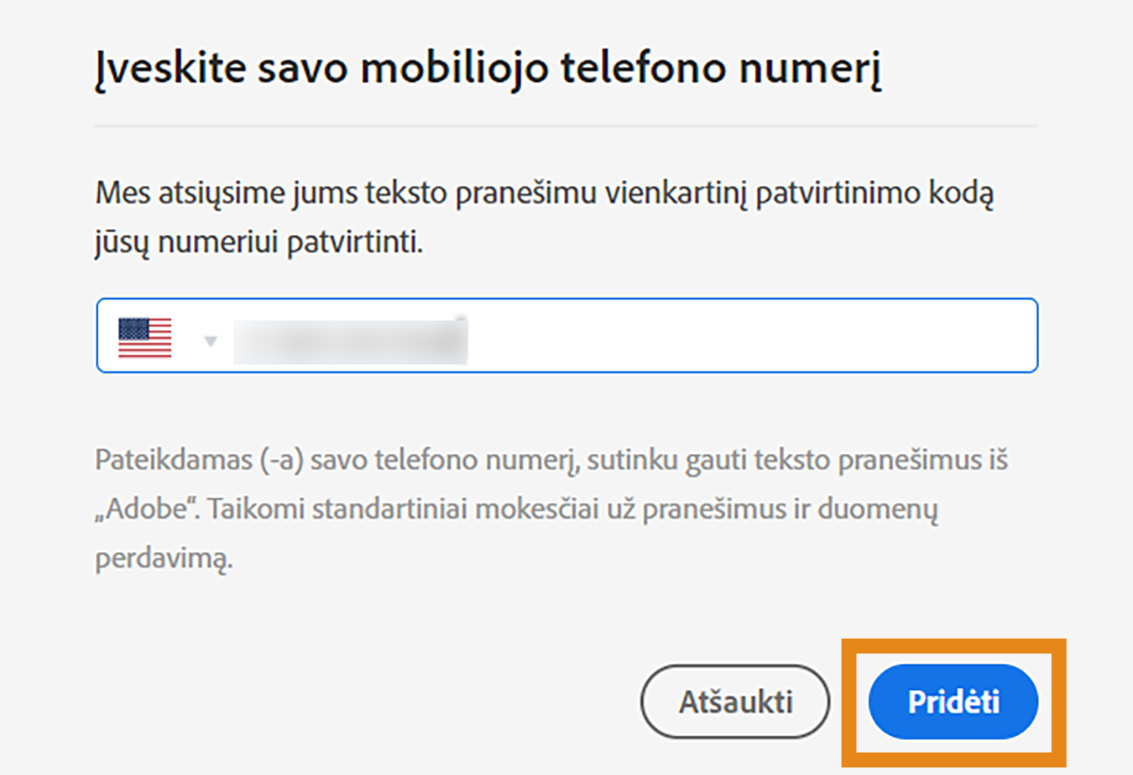 Patvirtinkite, kad norite įgalinti teksto (SMS) pranešimus mobiliajame telefone