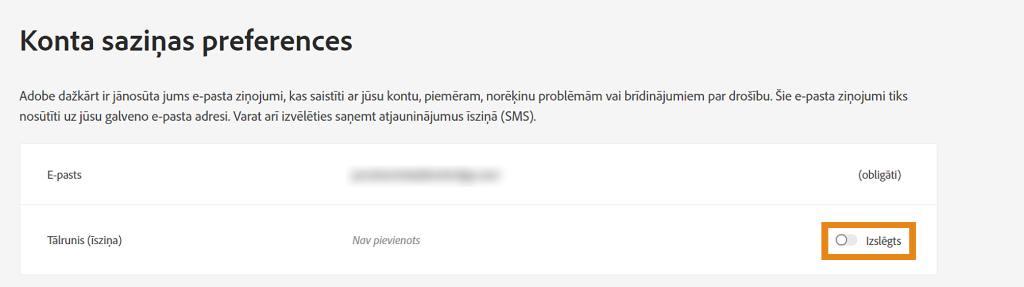 Mobilo paziņojumu izvēles rūtiņas atzīmēšana