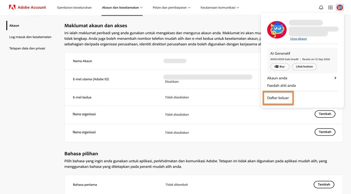 Ikon Akaun, tersedia di sudut kanan atas tetingkap akaun Adobe anda, menyediakan pilihan untuk daftar keluar dari akaun Adobe anda. 