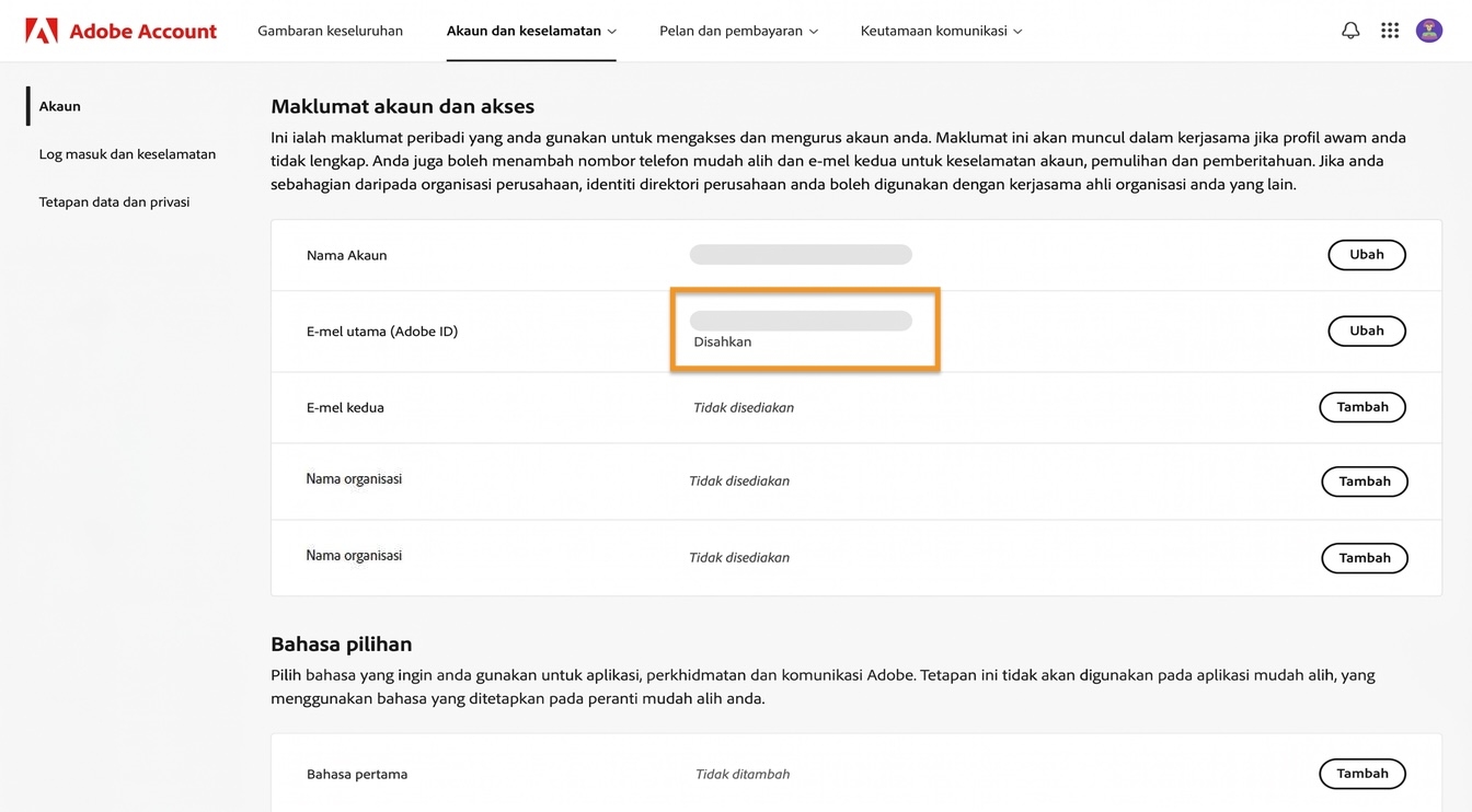 Bahagian E-mel utama (Adobe ID), terletak dalam bahagian Maklumat dan akses akaun, memaparkan alamat e-mel yang dikaitkan dengan akaun Adobe anda.