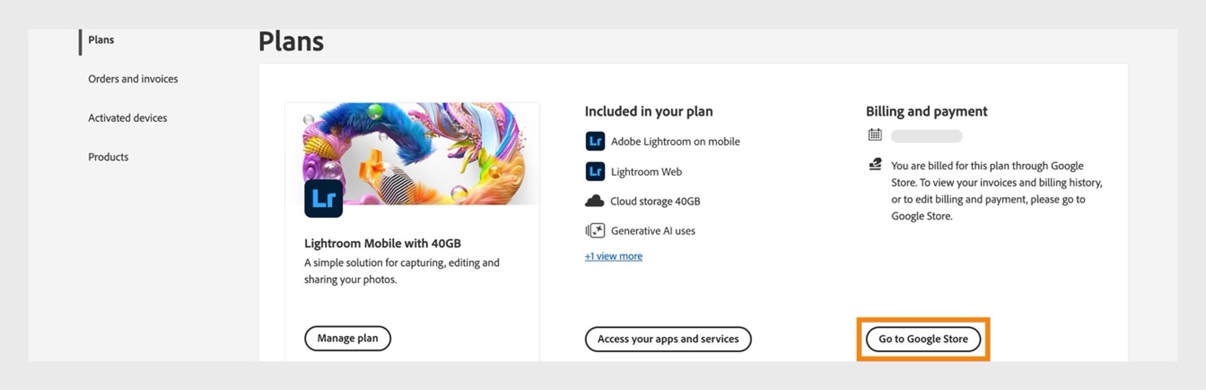 Butang Lawati Google Store, tersedia pada halaman Pelan, membolehkan anda lawati Google Store untuk mengurus langganan anda.