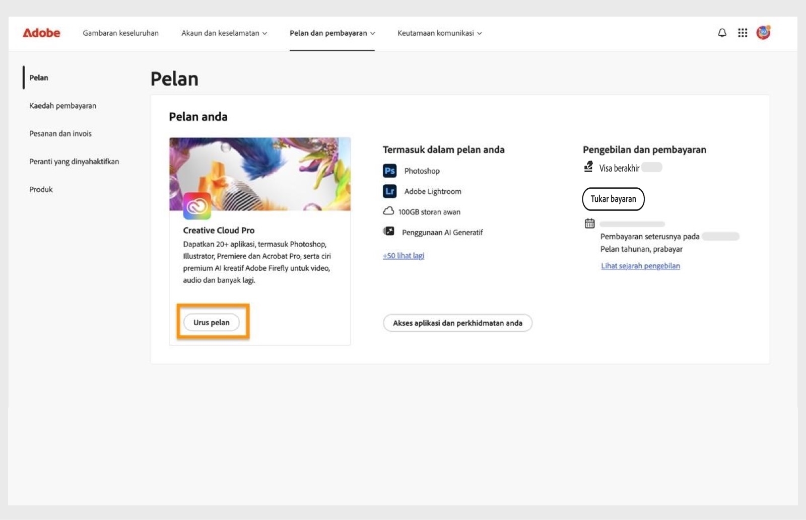 Butang Urus pelan, tersedia untuk pelan aktif di bawah bahagian Pelan, membolehkan anda menukar pelan Adobe anda.