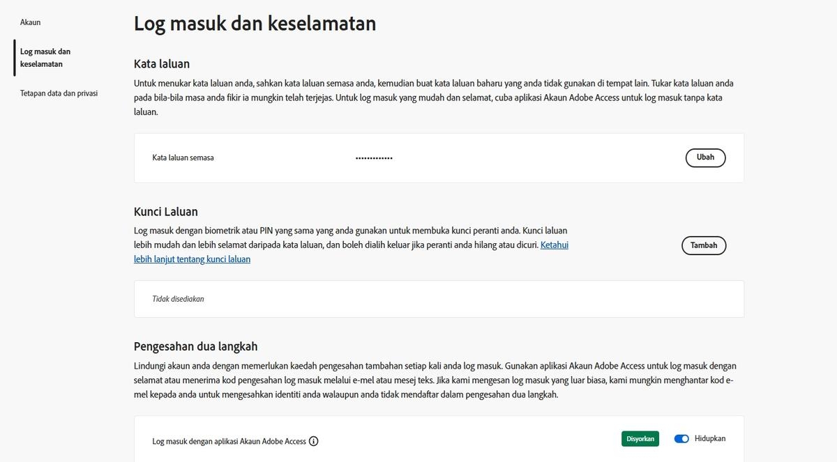 Butang togol, yang terletak di sebelah kanan pilihan aplikasi Adobe Account Access di bawah Pengesahan dua langkah, membolehkan anda menyahaktifkan aplikasi untuk log masuk masa depan anda.