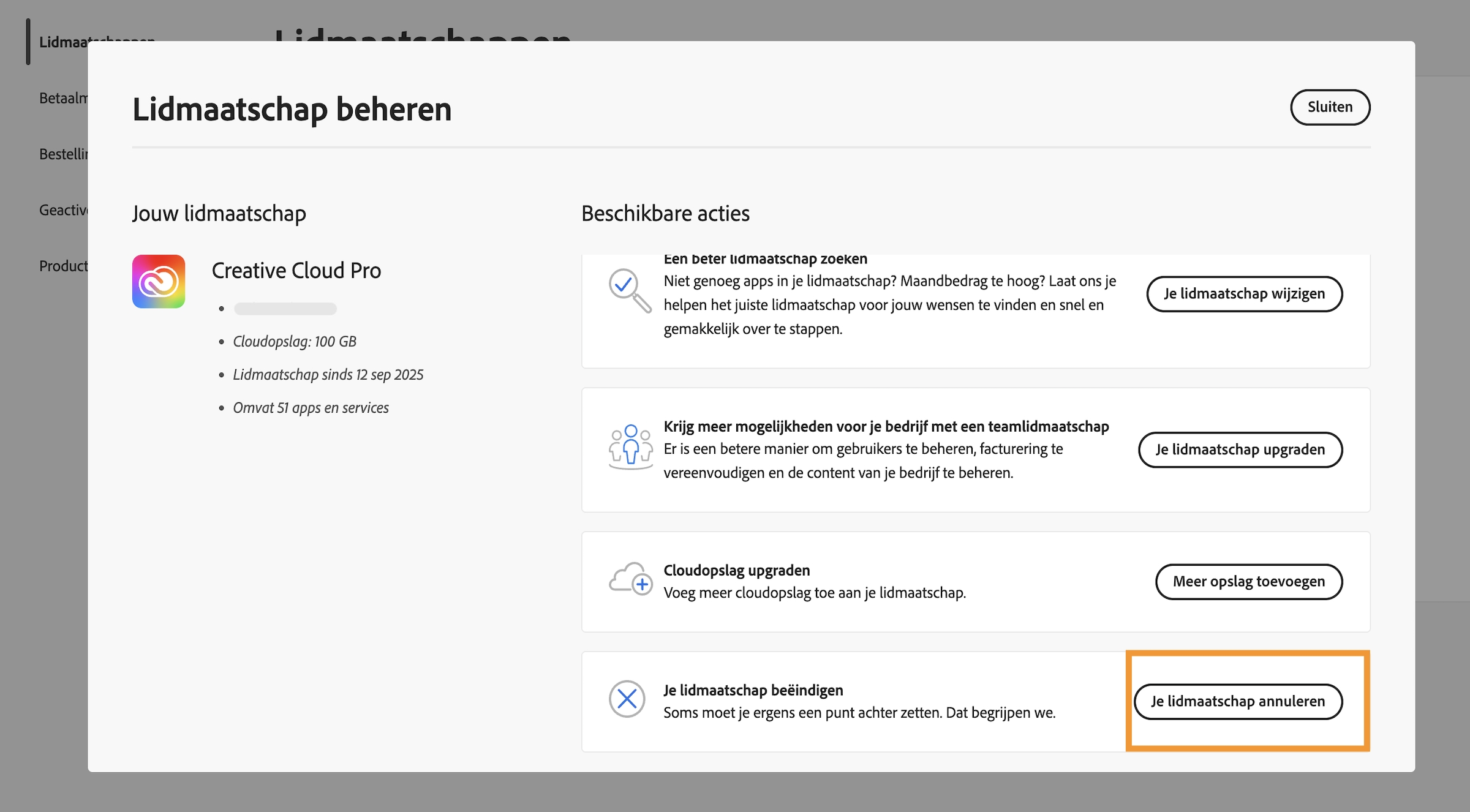 Het venster Lidmaatschap beheren, met de knop Je lidmaatschap annuleren gemarkeerd in het gedeelte Je service beëindigen onder Beschikbare acties.