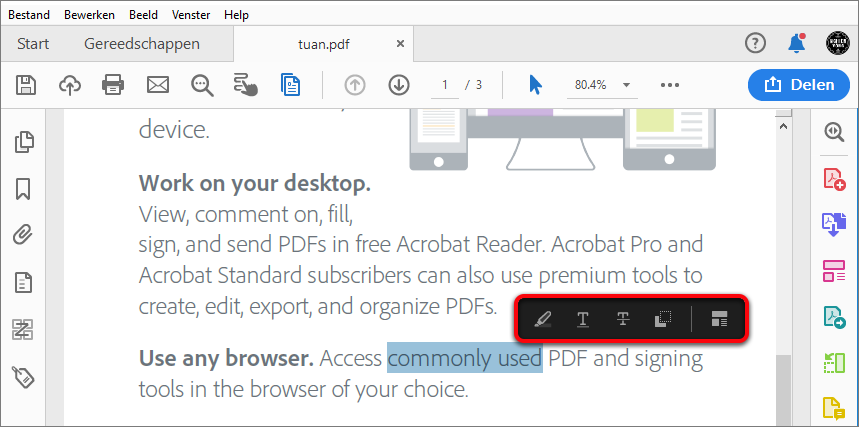 Handelingen voor een tekstselectie