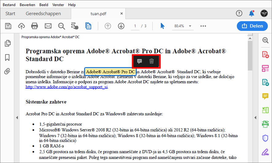 Handelingen voor een gemarkeerde selectie