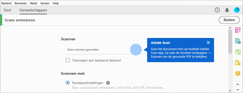 Contextgevoelige tip voor gebruik van mobiele app Adobe Scan als geen scanners worden gevonden