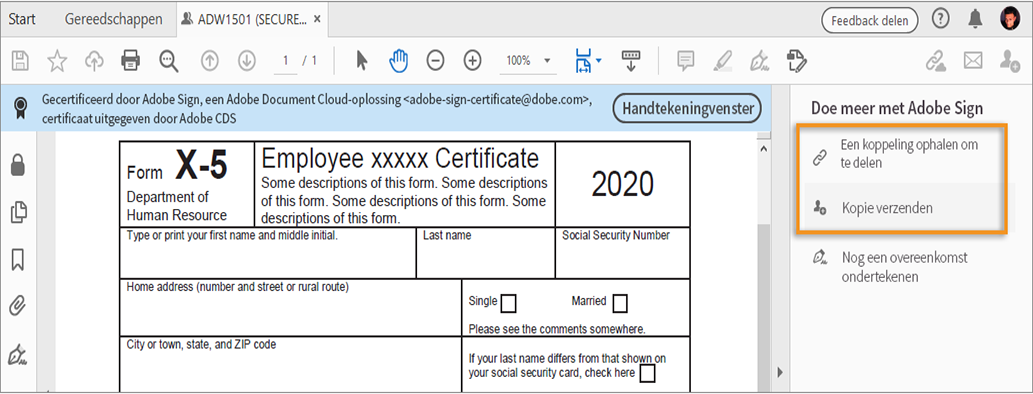 Een kopie van het ondertekende document delen Een kopie van het ondertekende document delen